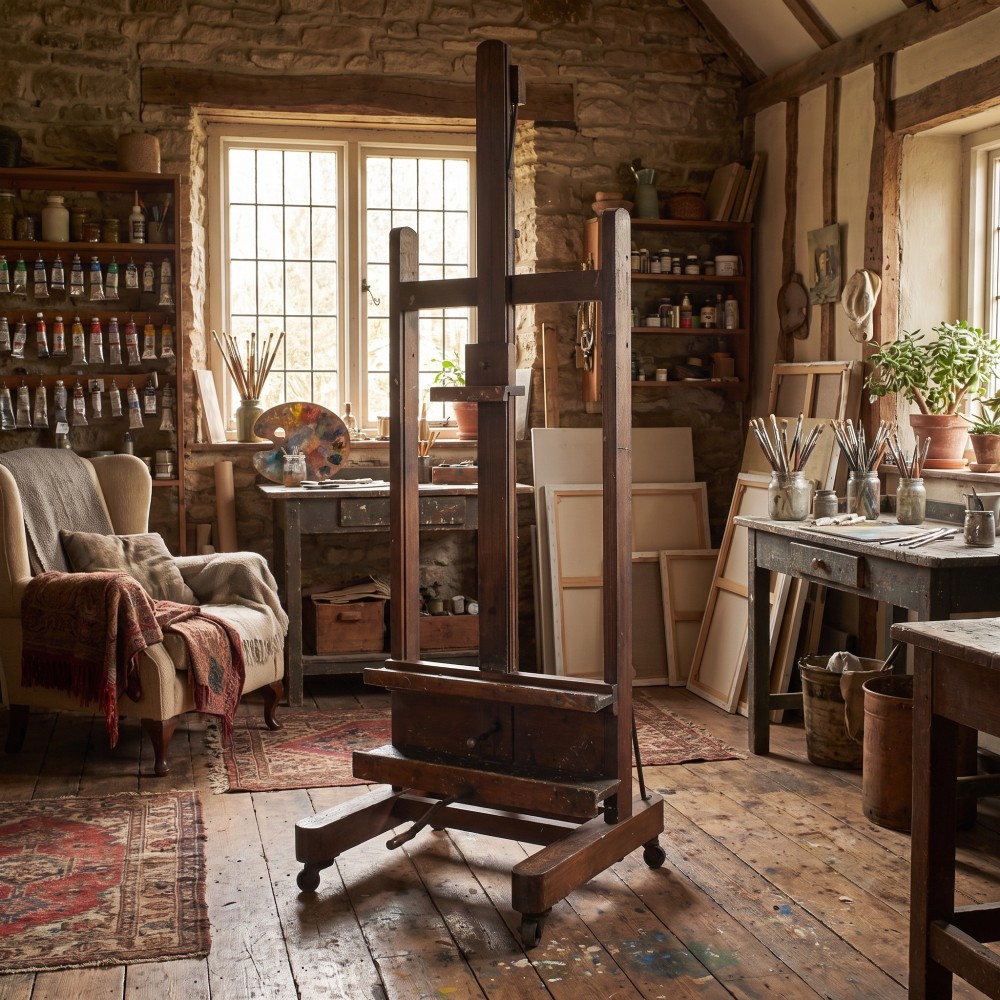 A late nineteenth-century dark oak artist studio easel featuring an adjustable central shaft, crank handle, and cast iron castors on an H-frame base. View II