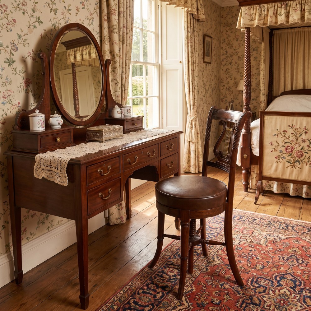 A 19th-century mahogany adjustable chair featuring a carved lyre backrest with brass details, a circular dark leather padded seat, and turned legs. View II