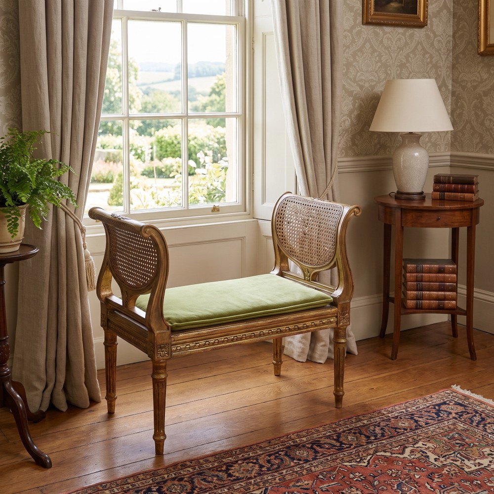 A Louis XVI style giltwood window stool featuring raised caned sides, fluted tapered legs, carved rosette accents, and a fitted olive green velvet cushion. View II