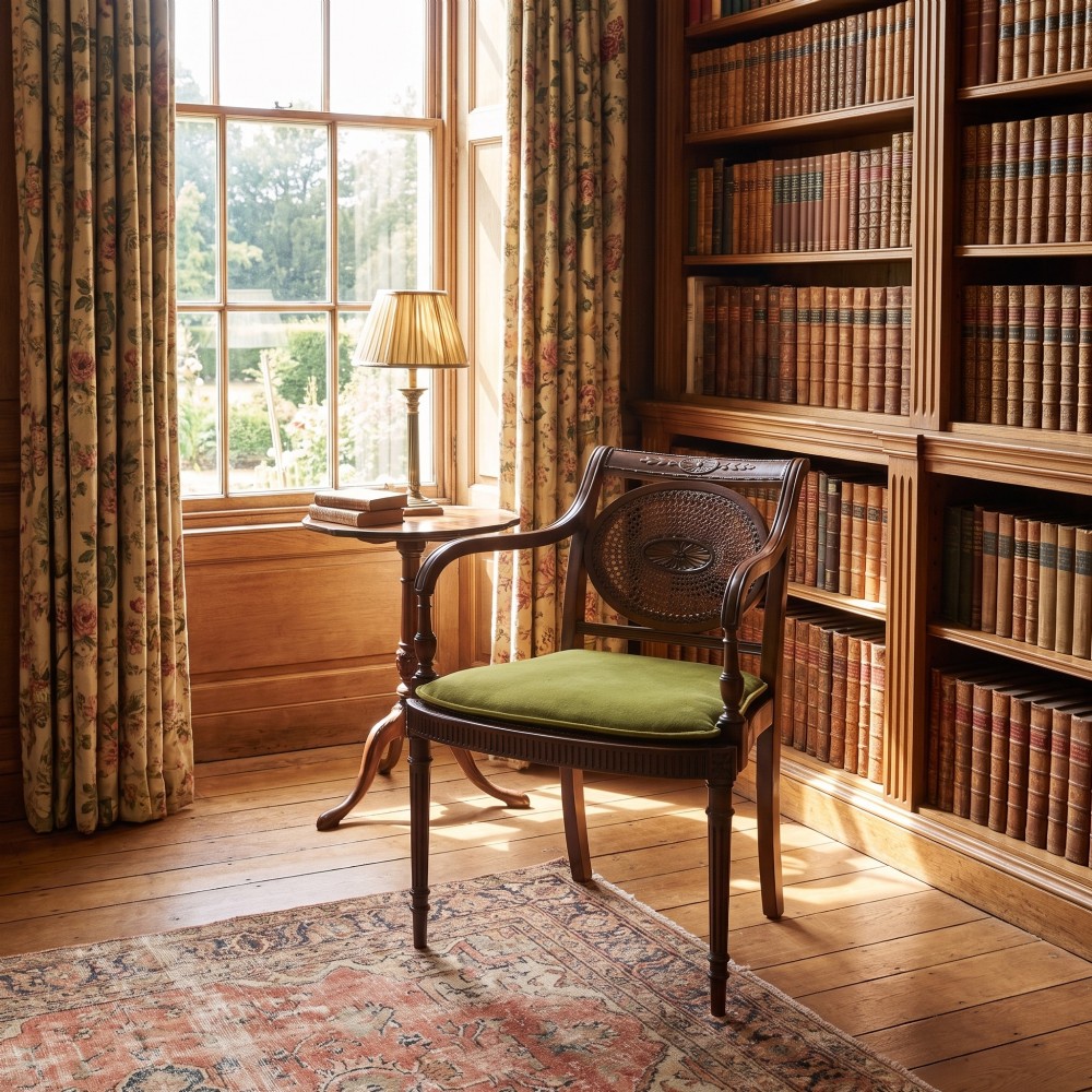 Sheraton Revival mahogany armchair featuring an oval cane back panel with carved central medallion, olive green velvet seat cushion, and turned fluted front legs. View II