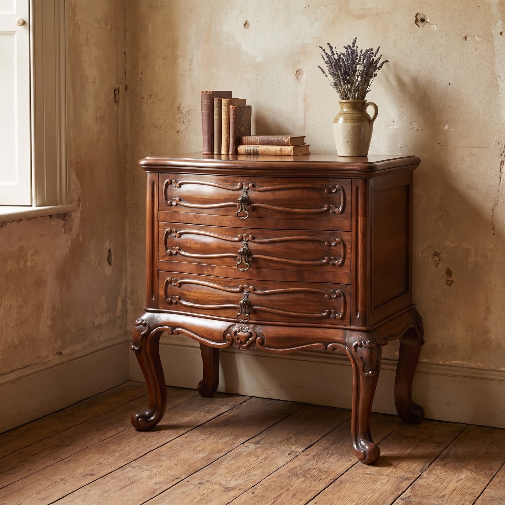 A French Louis XV style walnut chest featuring three carved drawers elevated on cabriole legs with brass drop handles. View II
