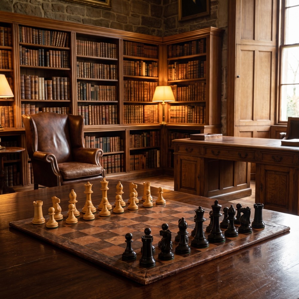 A late 19th-century Staunton chess set featuring natural light boxwood and ebonised black carved wooden pieces arrayed on a polished tabletop. View II