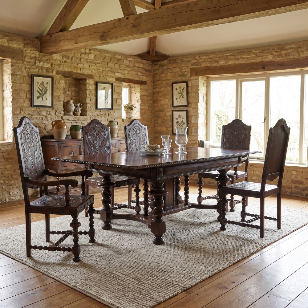A large 19th-century Portuguese rosewood extending dining table with carved barley-twist legs, an H-stretcher base, and two removable extension leaves standing behind it. View II