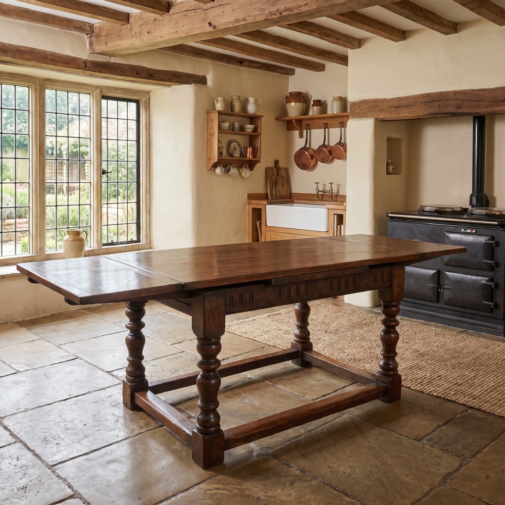 A dark oak Jacobean style draw-leaf dining table featuring carved frieze detailing along the apron, turned baluster legs, and a sturdy low box stretcher base. View II