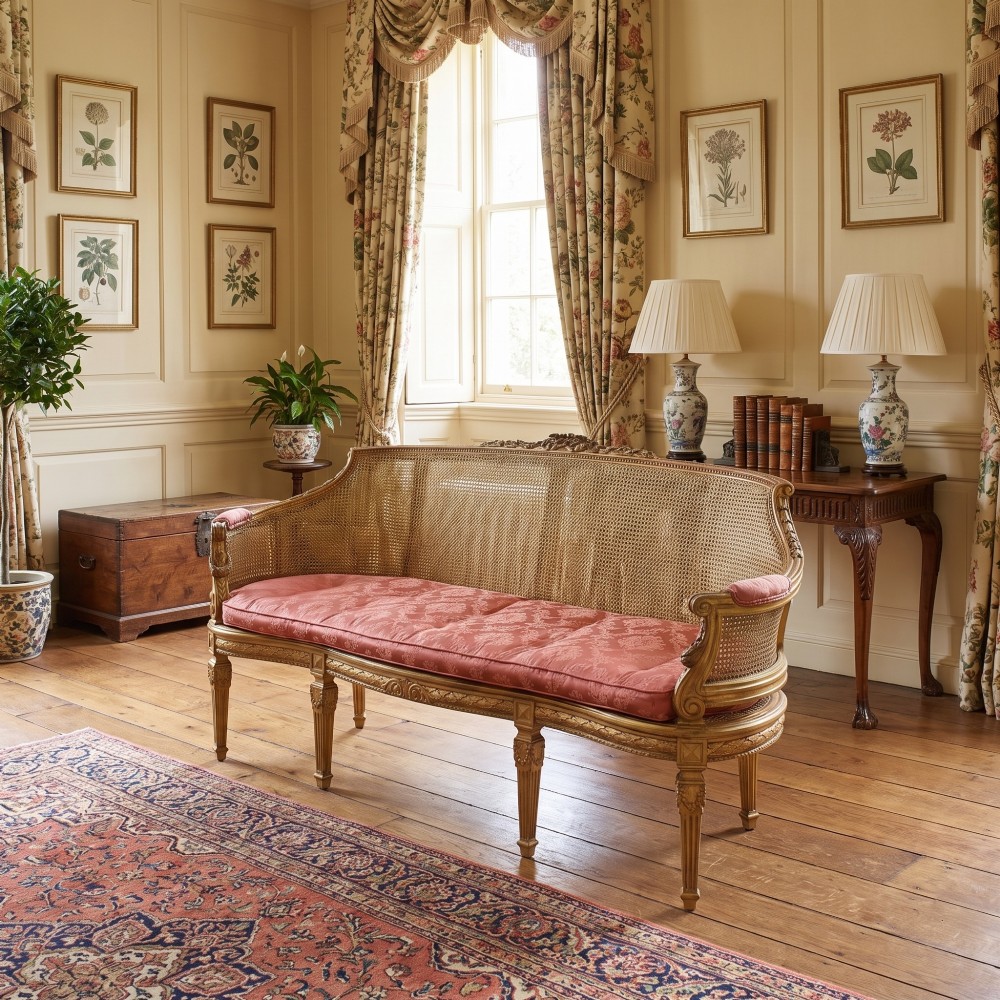 A French Louis XVI style giltwood settee featuring a woven cane backrest, carved fluted legs, and a rose-pink damask upholstered seat cushion. View II