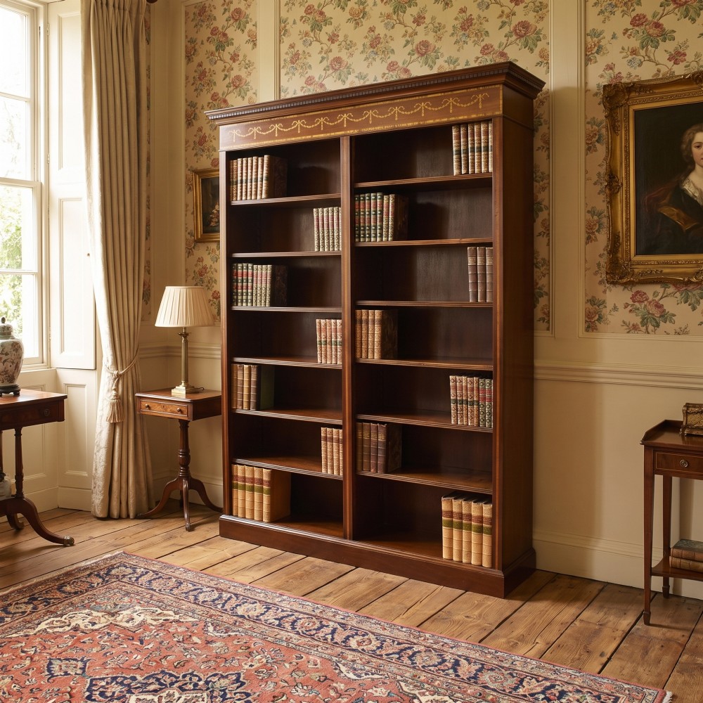 A tall, double-bay mahogany open bookcase featuring delicate satinwood festoon inlays along the top frieze and multiple fixed shelves containing books. View II