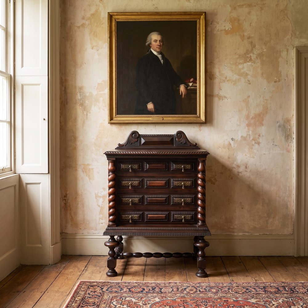 A 19th-century dark rosewood chest on stand with four drawers, pierced brass drop handles, barley twist side columns, and turned legs. View II