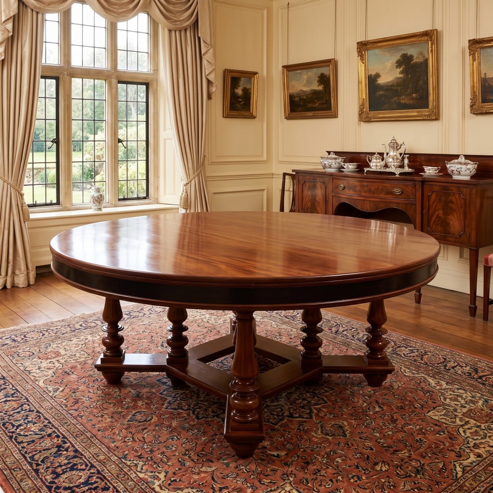 A large circular mahogany centre dining table with a polished surface, dark ebonised apron, and multiple turned legs supported by a cross-stretcher base. View II