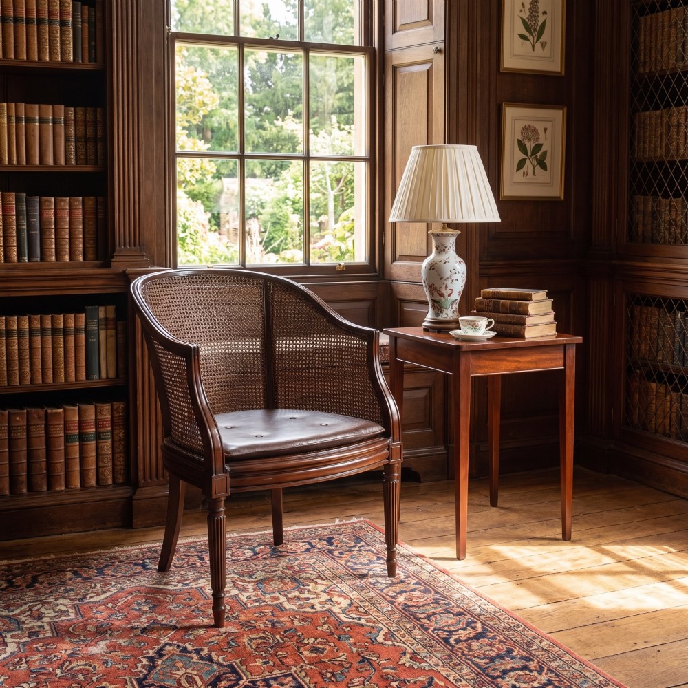 An Edwardian mahogany tub armchair featuring curved woven cane panels, a brown leather seat cushion, and fluted front legs. View II