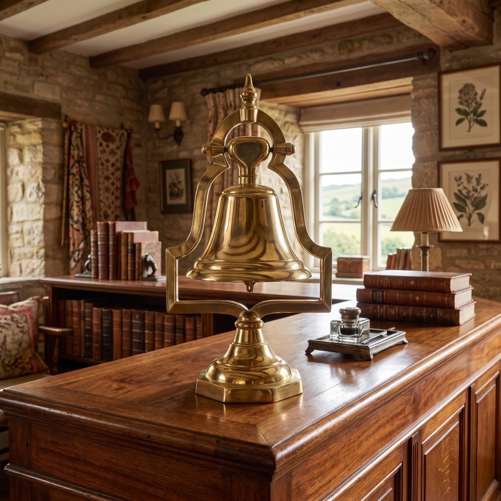 A polished brass table bell suspended within a shaped gantry frame on a tiered brass pedestal base. View II