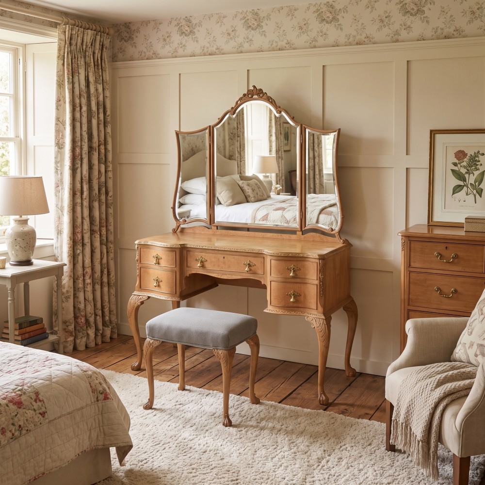 A light burr walnut dressing table featuring five drawers, brass handles, carved cabriole legs, a three-piece folding mirror, and a matching upholstered stool. View XII