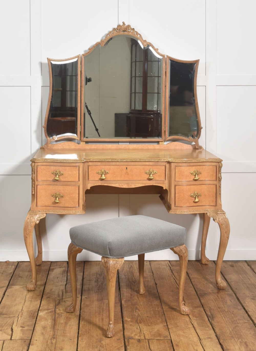 Walnut Dressing Table With Triple Mirror And Stool