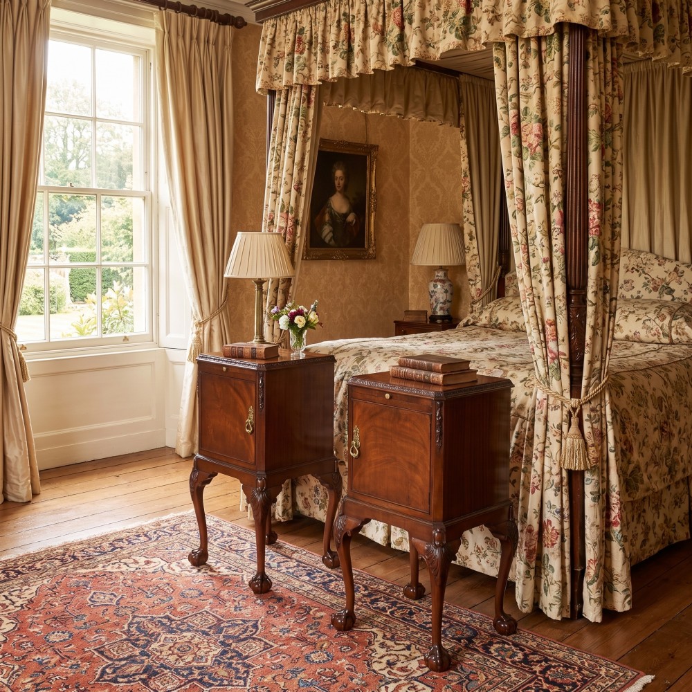 A pair of warm brown mahogany Chippendale style bedside cabinets featuring carved cabriole legs ending in ball and claw feet, flame mahogany single door cupboards, brass drop handles, and pull-out brush slides. View II