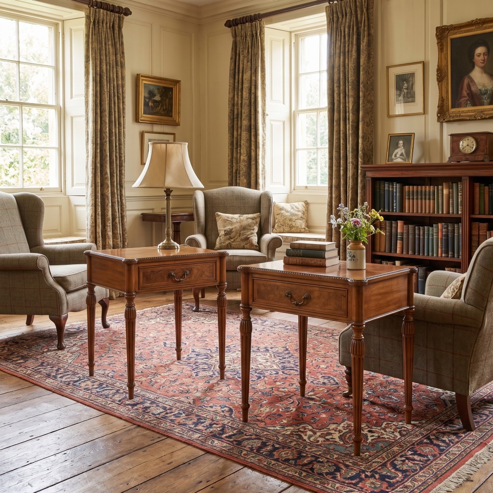 A pair of Edwardian walnut side tables featuring single drawers with brass handles and fluted turned legs. View II