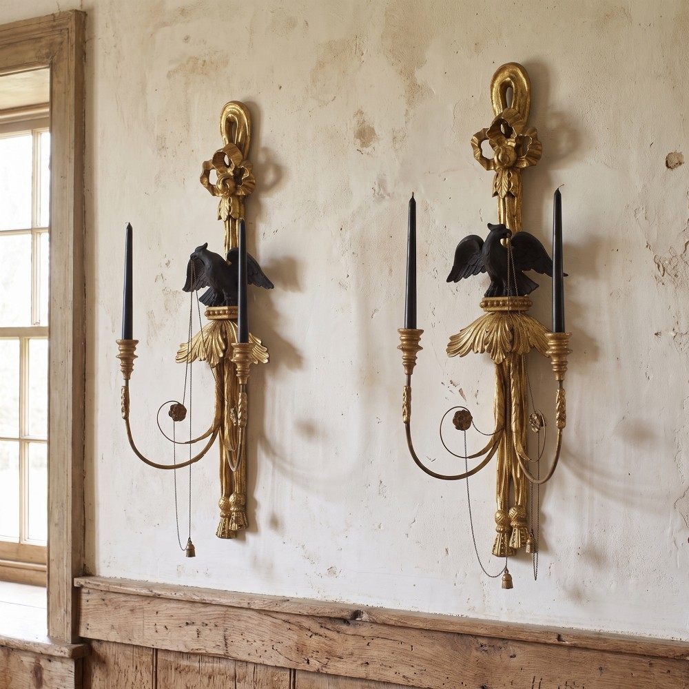 A pair of George III style giltwood wall sconces featuring carved ribbon crestings, dark eagle motifs, and twin candle arms.