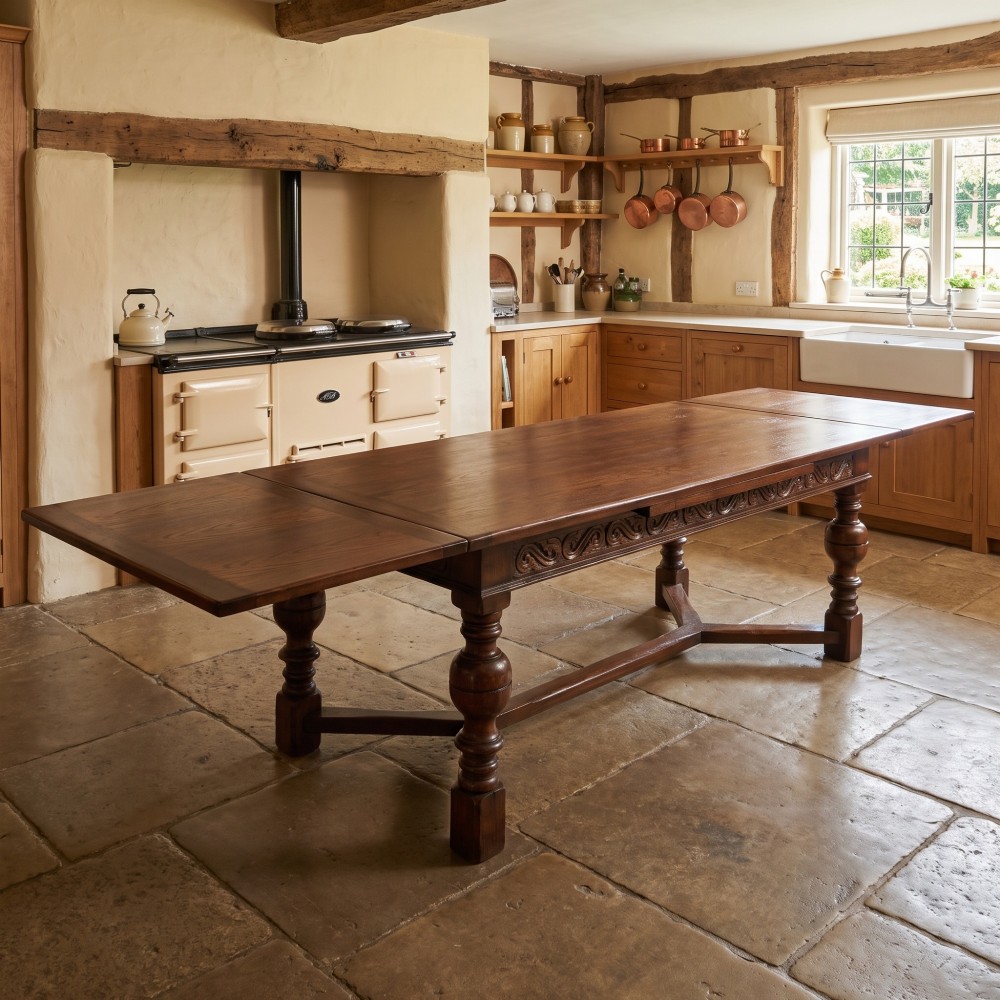 An extended dark oak Jacobean style dining table featuring carved friezes, turned baluster legs, and a sturdy stretcher base. View II