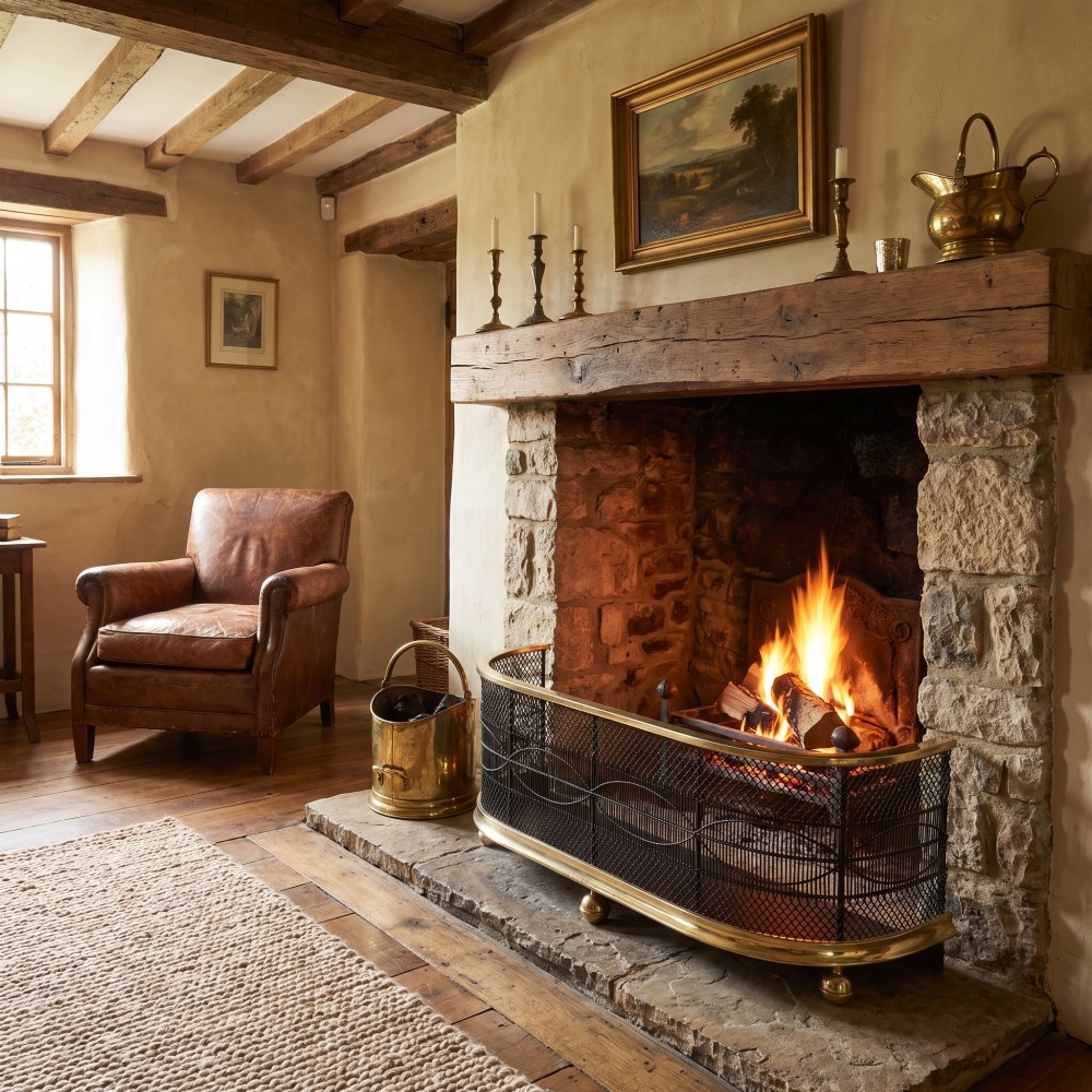 A curved antique fire guard made from black woven wirework with a polished brass top rim, base trim, and turned ball feet. View II