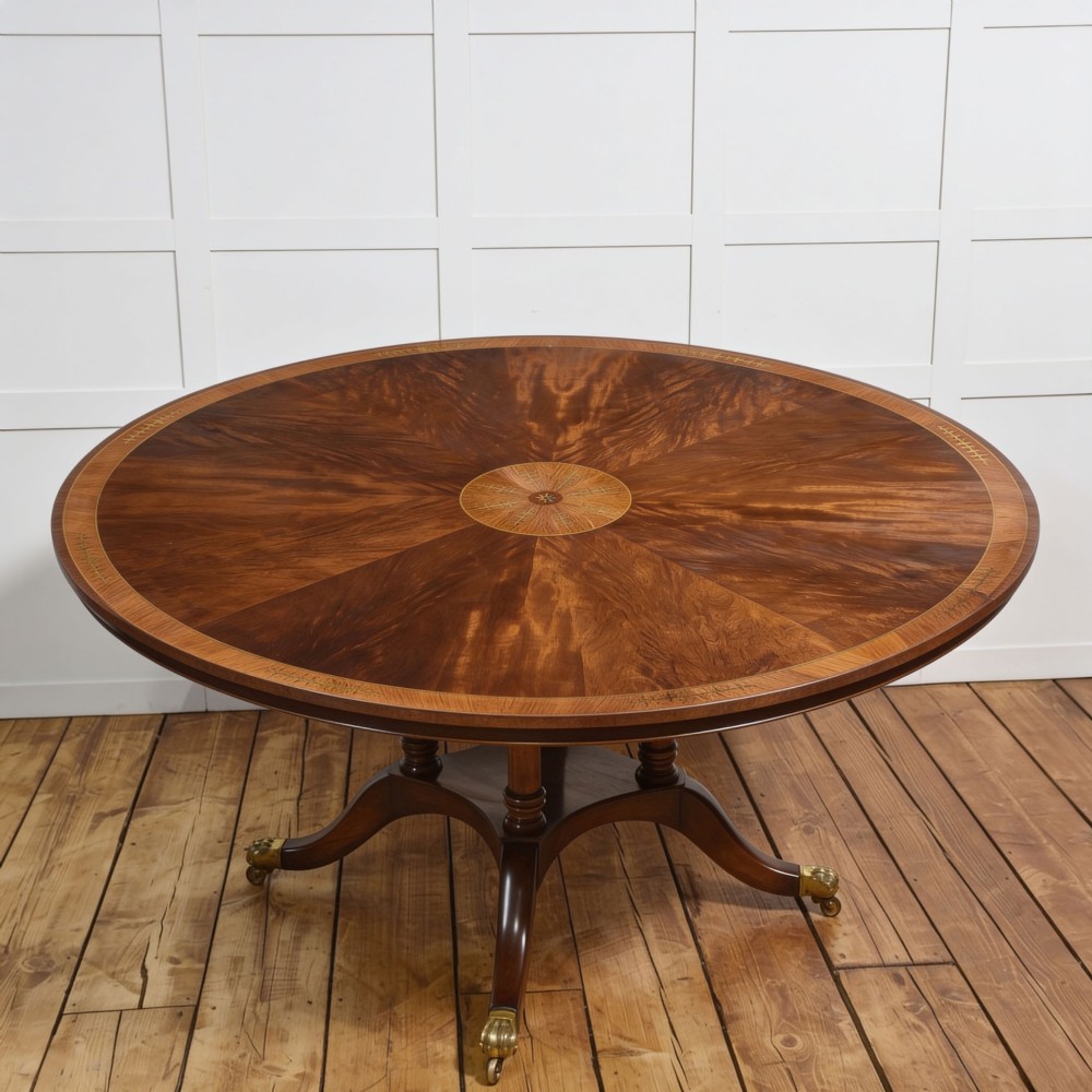 Regency Revival Brass-Inlaid Flame Mahogany Circular Dining Table