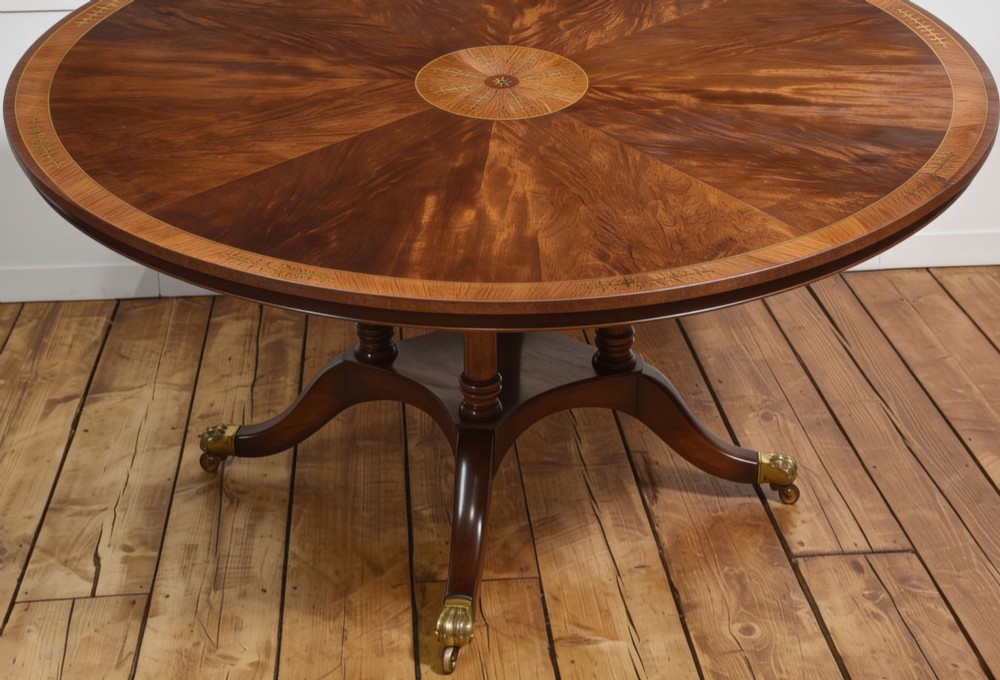 Regency Revival Brass-Inlaid Flame Mahogany Circular Dining Table View IV