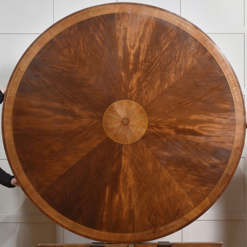 Regency Revival Brass-Inlaid Flame Mahogany Circular Dining Table View V