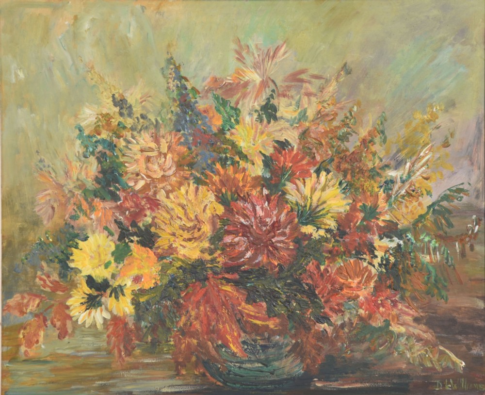 An oil painting depicting a dense arrangement of yellow, red, and orange flowers in a bowl, set within a light cream wooden frame. View III
