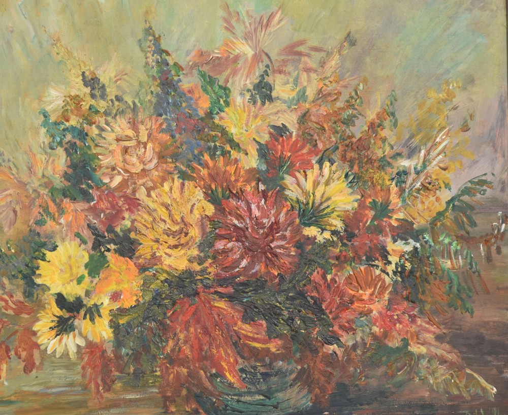 An oil painting depicting a dense arrangement of yellow, red, and orange flowers in a bowl, set within a light cream wooden frame. View IV