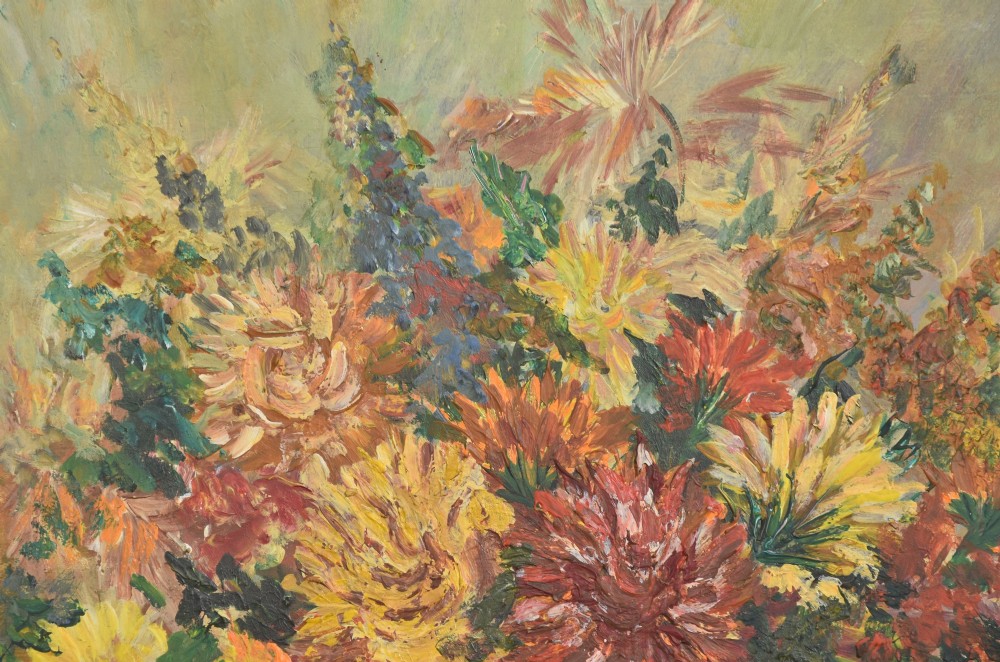 An oil painting depicting a dense arrangement of yellow, red, and orange flowers in a bowl, set within a light cream wooden frame. View VII