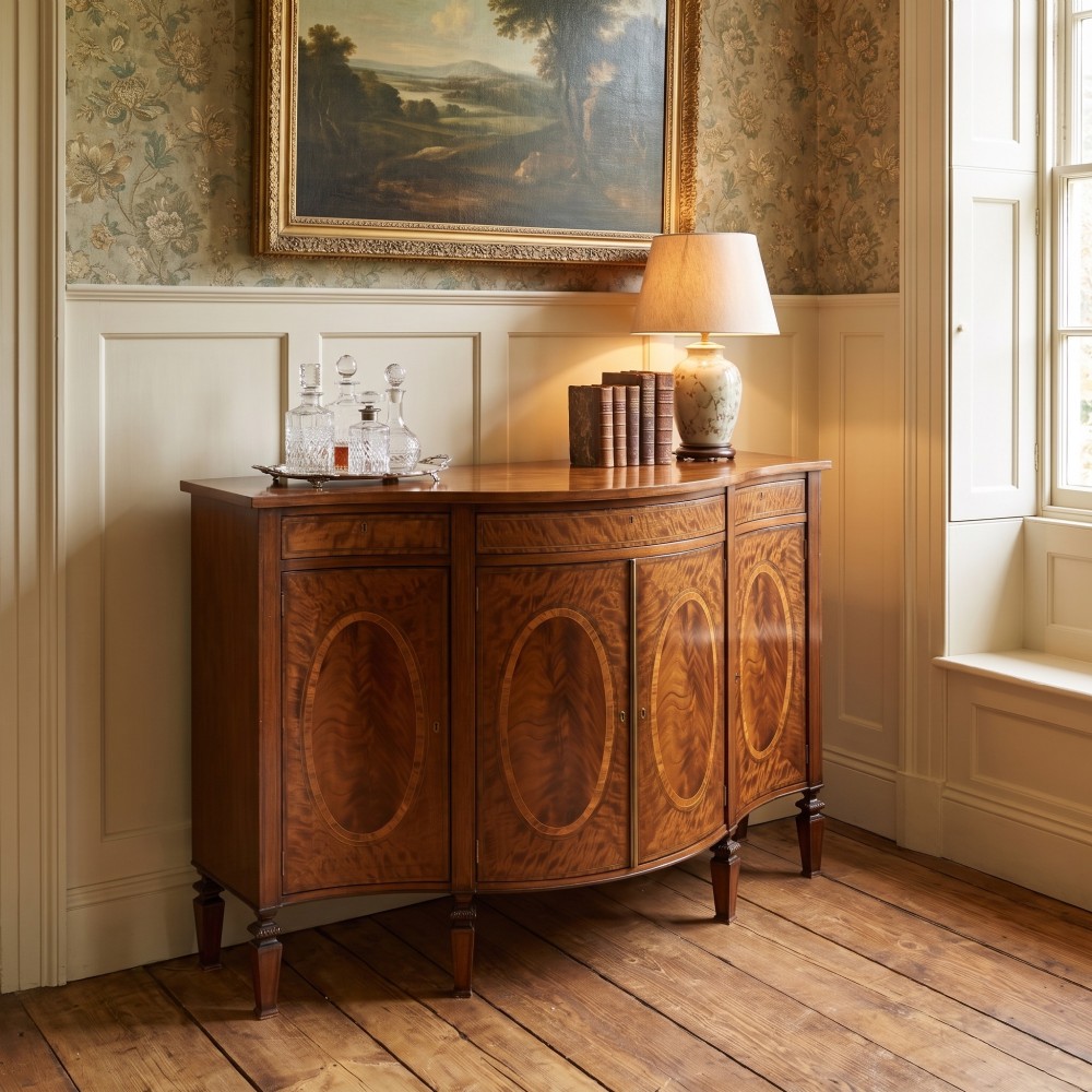 A Sheraton Revival bow-front wooden sideboard featuring oval inlaid veneer door panels, top drawers, and square tapered legs. View II