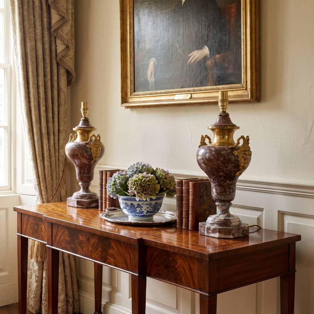A pair of urn-shaped table lamps crafted from veined red marble with gilt brass collars and decorative side handles. View V