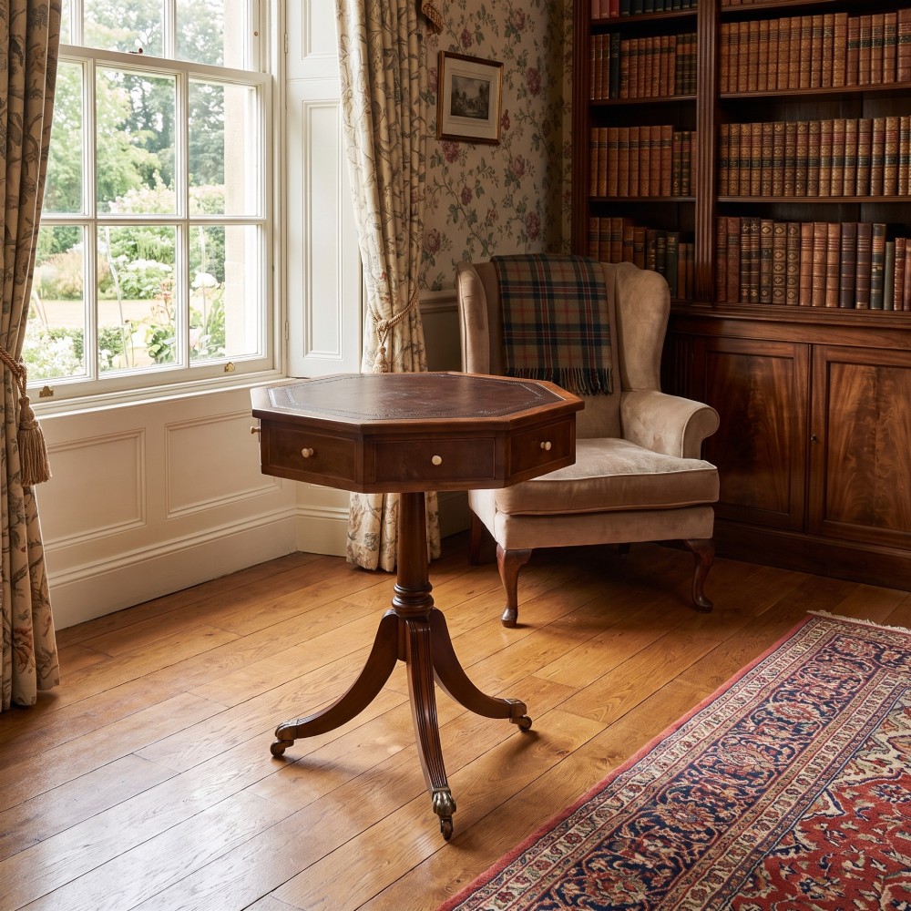 A Regency Revival mahogany octagonal drum table featuring an inset dark leather top, apron drawers, and a central turned pedestal with tripod reeded legs resting on brass castors. View II