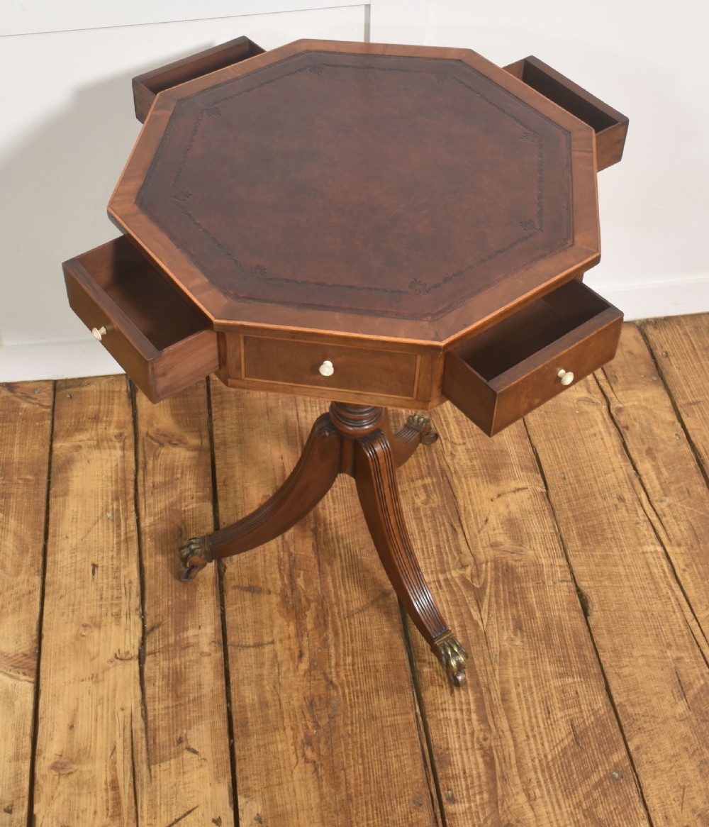A Regency Revival mahogany octagonal drum table featuring an inset dark leather top, apron drawers, and a central turned pedestal with tripod reeded legs resting on brass castors. View VI