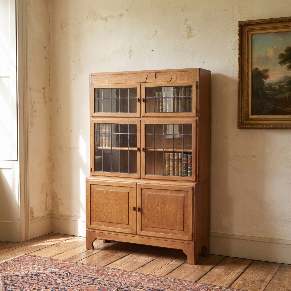 An Art Deco medium oak bookcase featuring two upper sections with leaded glass doors above a double-door base cupboard. View II