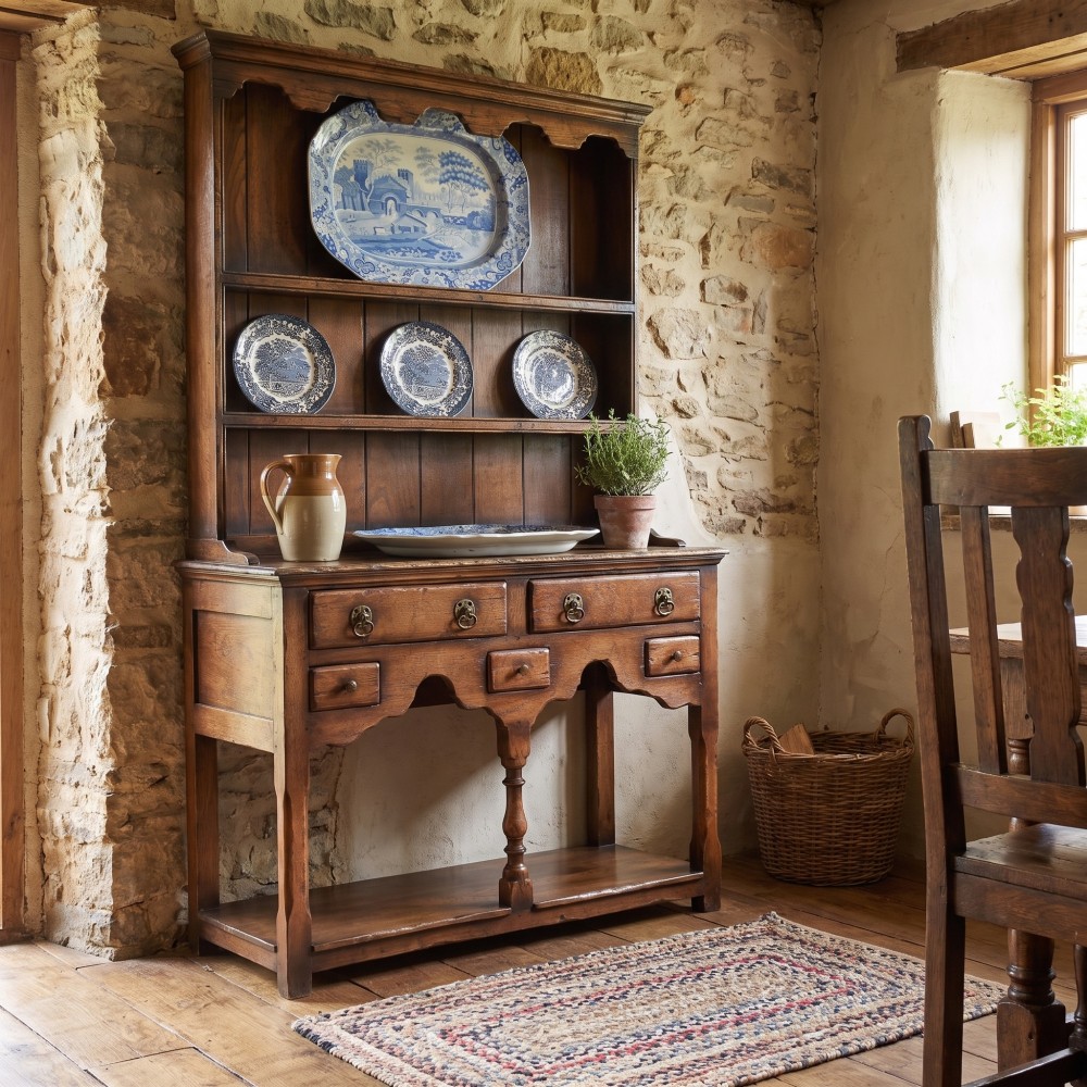 An antique warm brown oak dresser featuring an upper three-shelf plate rack with a scalloped canopy, sitting above five drawers and an open pot shelf with a turned central support. View II