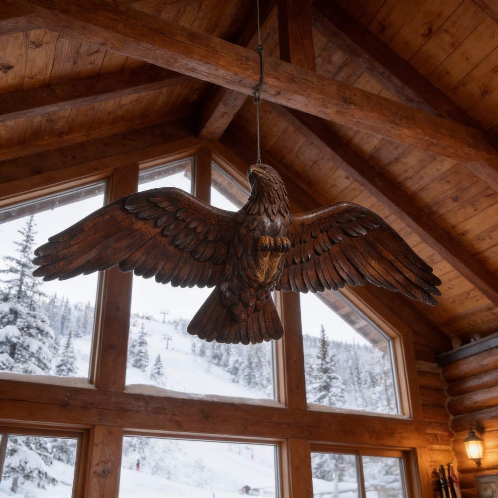 A dark wood eagle sculpture hand-carved in mid-flight with outstretched wings and carved feather detailing. View II