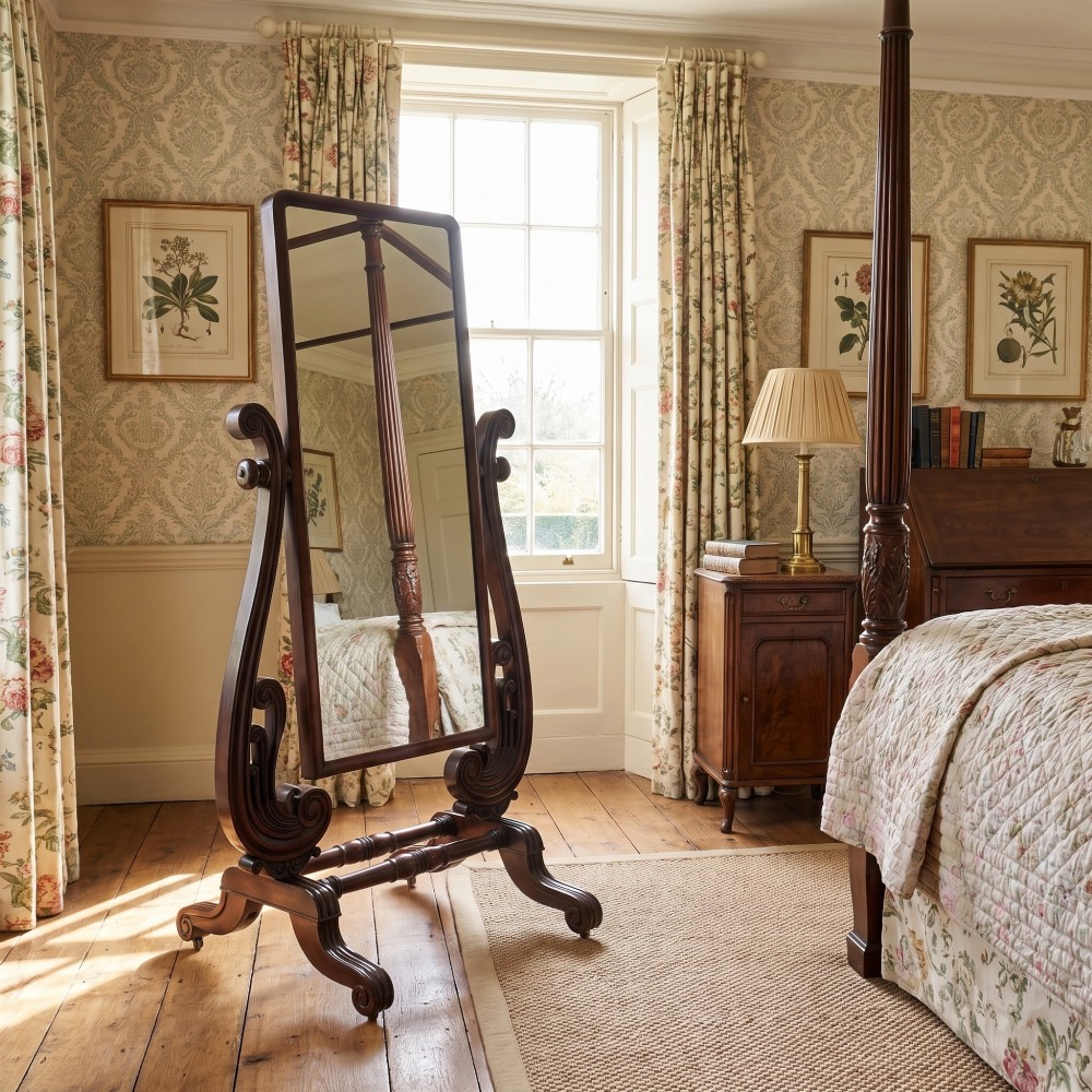 A William IV mahogany cheval mirror featuring carved scroll upright supports, a tilting full-length rectangular glass frame, and a stretcher base with swept feet. View II