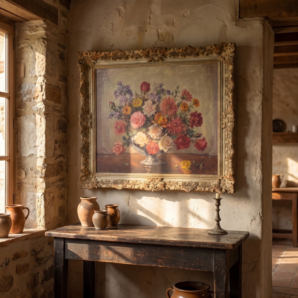 An oil painting on canvas depicting a colourful floral arrangement in a silver urn vase, set within a heavily carved gilt frame. View II