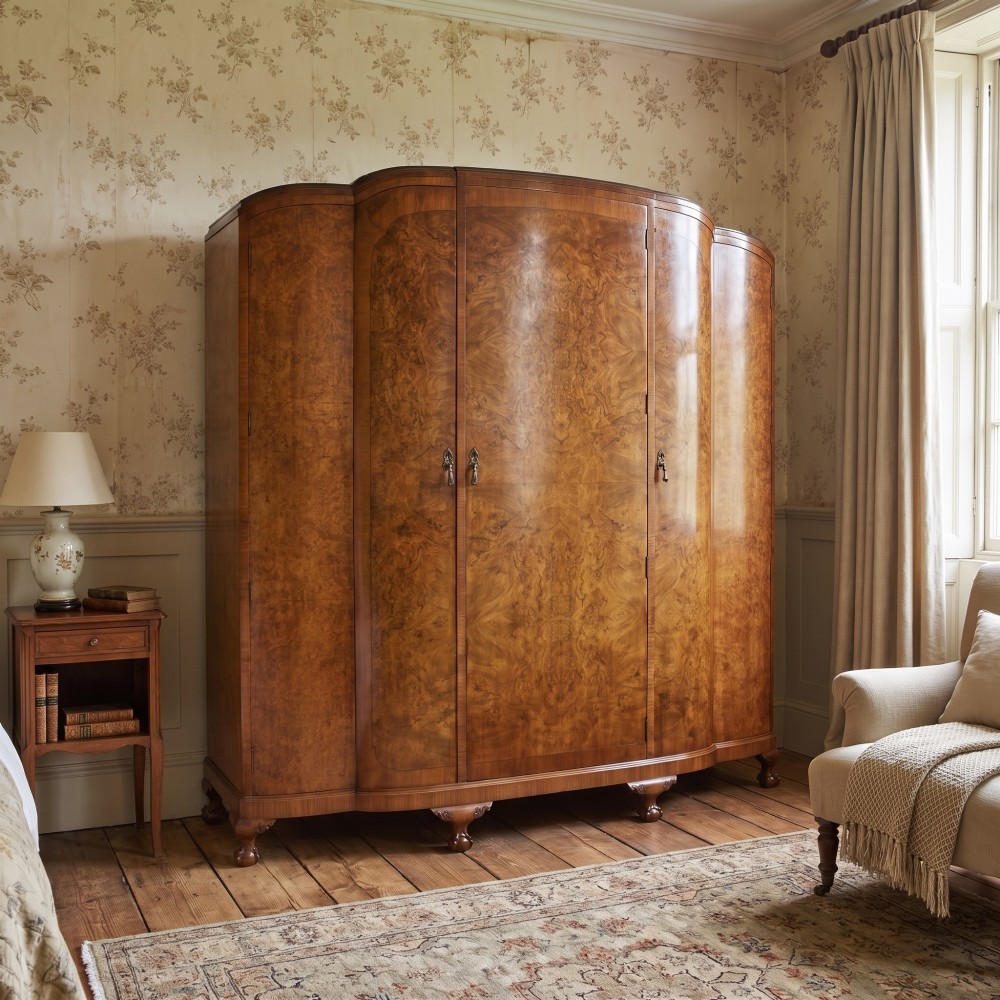An Art Deco burr walnut breakfront wardrobe with curved side doors, a raised central door, and short carved feet. View II