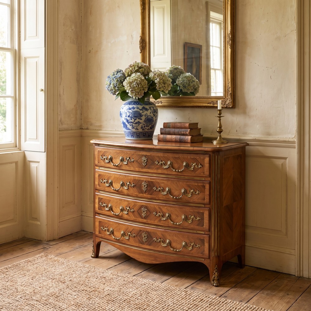 A French Louis XV style serpentine chest of drawers featuring geometric wood marquetry and decorative brass handles. View II