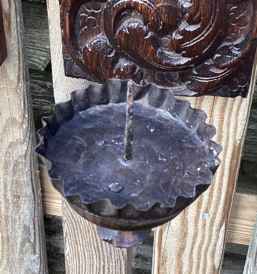 PAIR ANTIQUE CARVED OAK PRICKET CANDLE LIGHTS - ADDITIONAL PHOTO 1