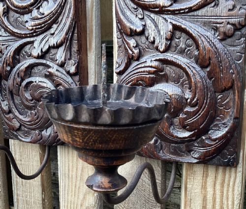 PAIR ANTIQUE CARVED OAK PRICKET CANDLE LIGHTS - ADDITIONAL PHOTO 2