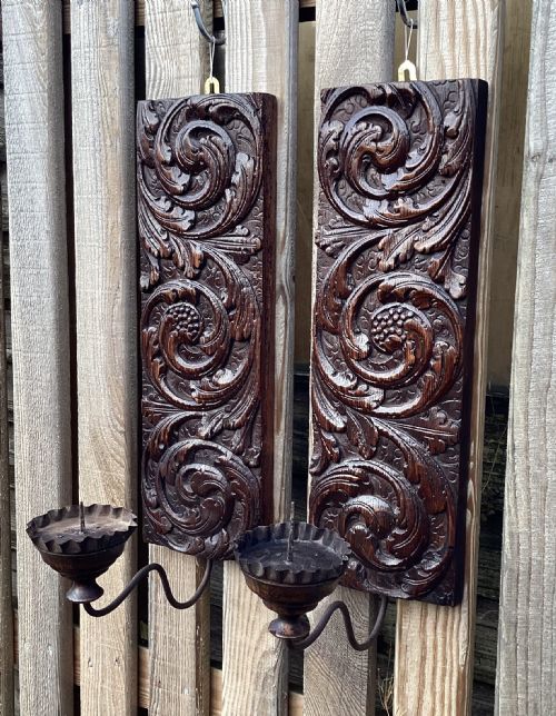 PAIR ANTIQUE CARVED OAK PRICKET CANDLE LIGHTS - ADDITIONAL PHOTO 5