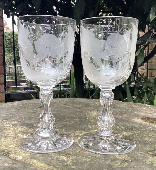 Fine Large Pair Victorian Etched and Cut Morning Glory Glasses