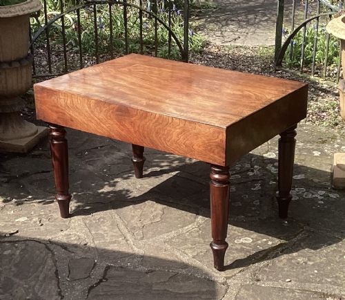 fig 1. A large rectangular mahogany coffee table dating from circa 1840 with turned legs and a deep flame mahogany apron.