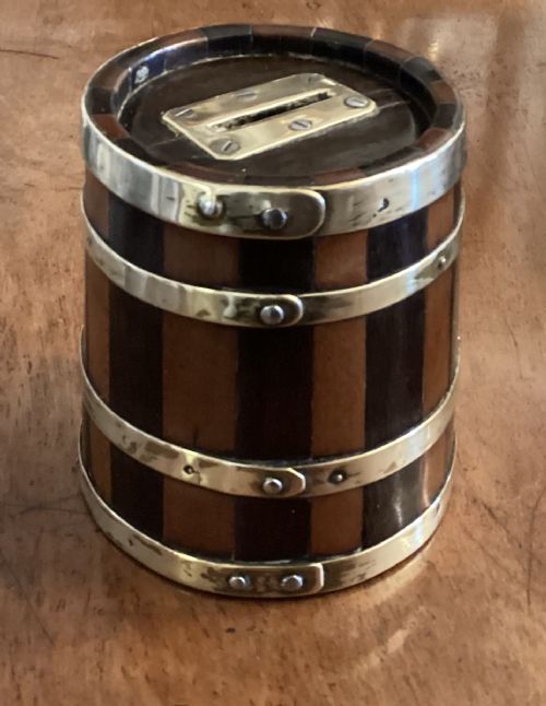 Coopered Mahogany & Sycamore Treen Money Box C1870