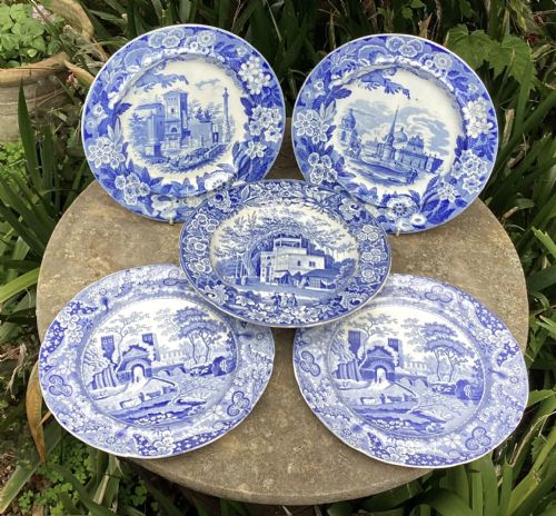 Five English Georgian Blue & White Pottery Plates C1830