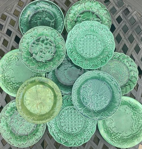12 Victorian Majolica Green Leaf Plates C1880