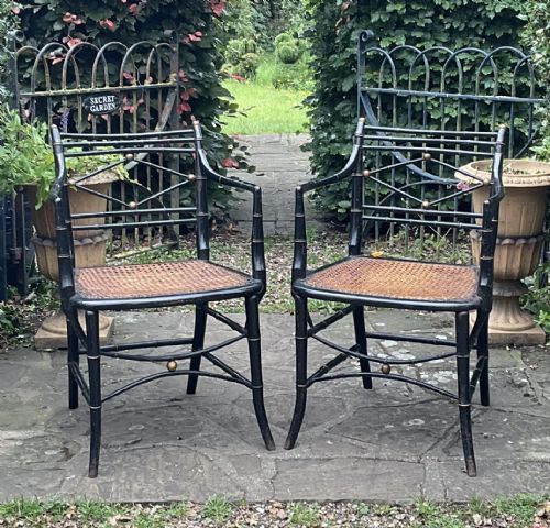 PAIR REGENCY FAUX BAMBOO ARMCHAIRS C1820 - ADDITIONAL PHOTO 6