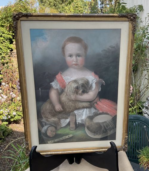 LARGE VICTORIAN PASTEL PORTRAIT OF CHILD AND DOG