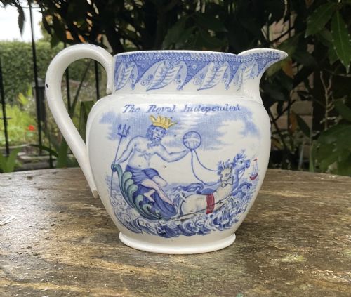 fig 1. RARE BRITISH MARINERS NEPTUNE NELSON BLUE & WHITE JUG c1820