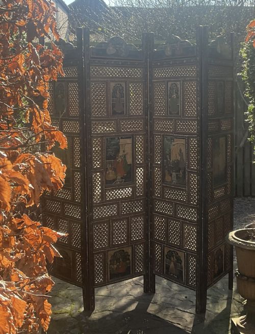 FOUR FOLD PAINTED FRETWORK INDIAN SCREEN C1910 - ADDITIONAL PHOTO 8